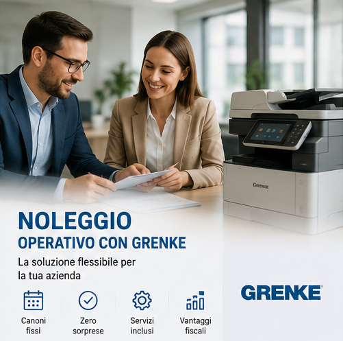 Noleggio operativo Grenke: professionisti in ufficio con multifunzione, canoni fissi, zero sorprese, servizi inclusi e vantaggi fiscali